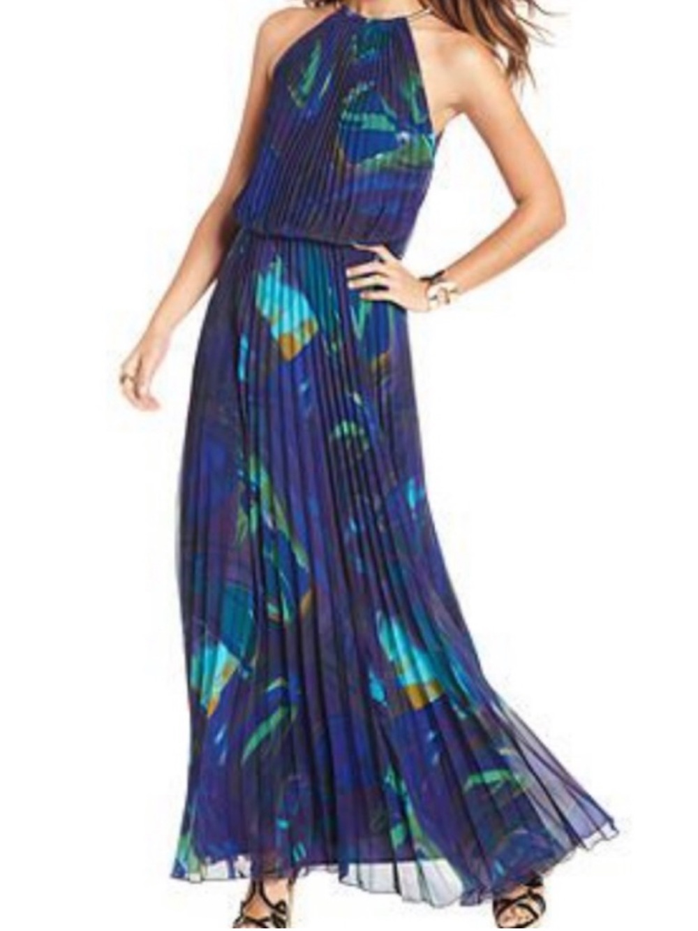 XSCAPE Pleated Blouson Halter Indigo Blue Dress w. Gold Snake Chain - Size 14P